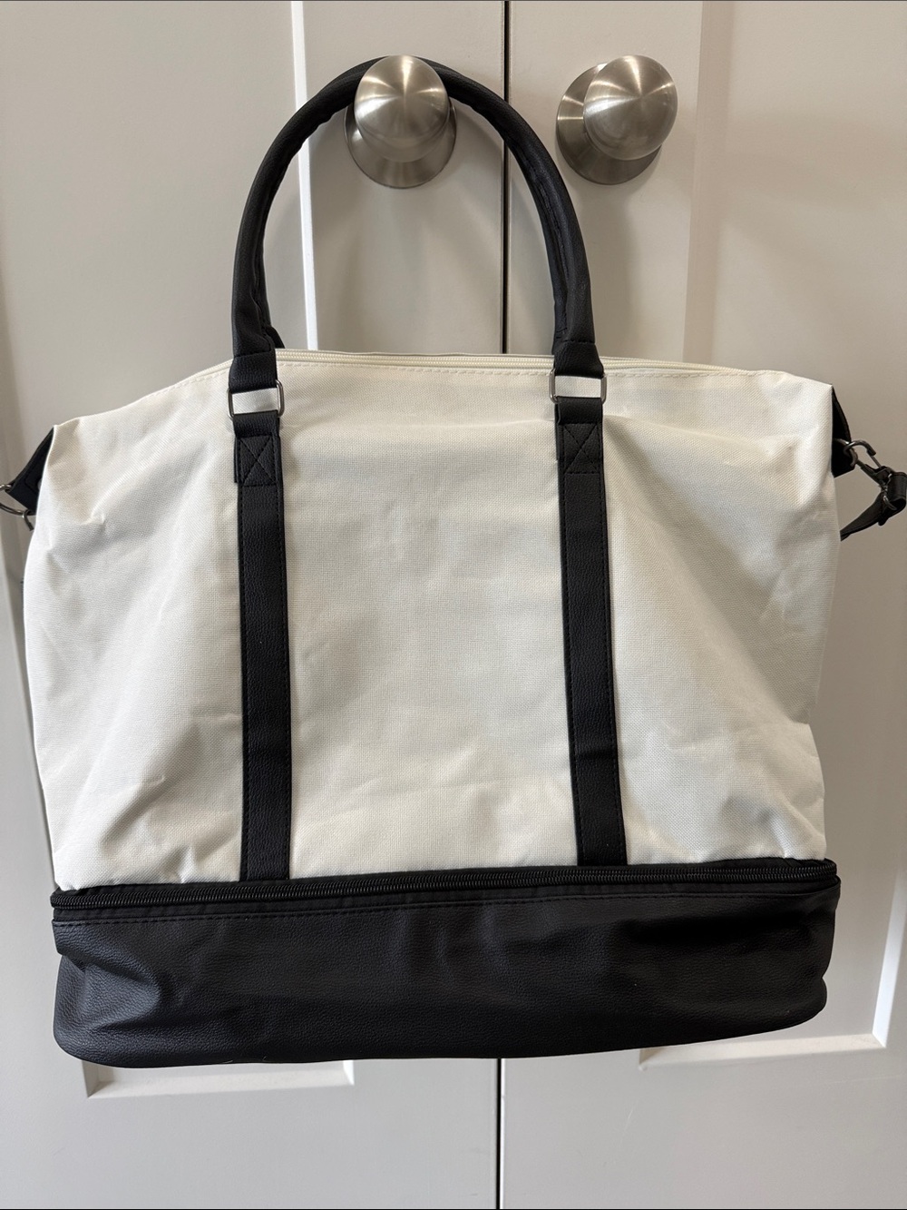 Canvas Two-Tone Carryall Tote Travel Bag - Black & White